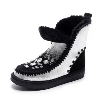 

New Fashion Woman snow boots gold silver Real Fur Wool Ankle boots warm Winter Shoes for Women size 34-43