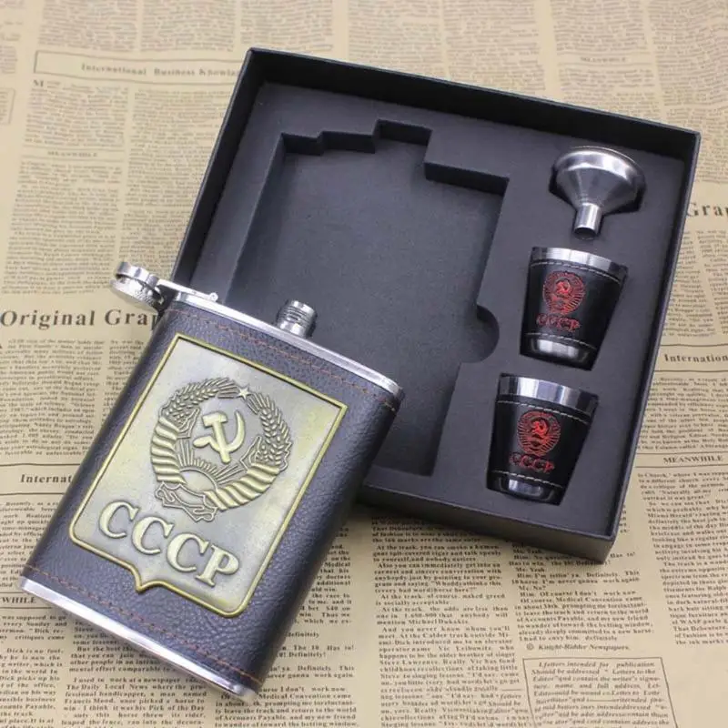 8oz Luxury Stainless Steel Alcohol Hip Flasks Vodka Whiskey Wine Bottle Cups Bottle Set CCCP Engraving Alcohol Container Flask