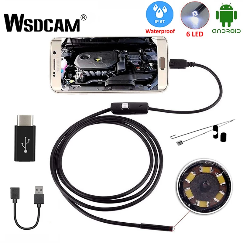 Wsdcam-cámara endoscópica 2 en 1 de 7MM, Mini videocámaras Micro USB, impermeable, 6 LED, cámara de inspección por boroscopio para Android Loptop