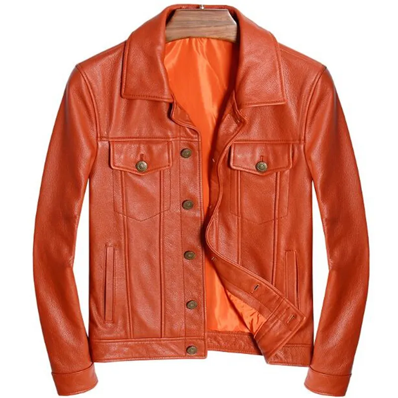 

Real Genuine Leather Jacket Men Vintage Motorcycle Fashion Casual Slim Fit Zipper Classic Biker Male Coat Yellow Plus Size 5XL