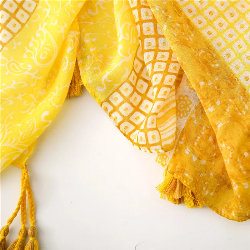 Женский Осенний желтый шарф в горошек с кисточками из вискозы, роскошный брендовый шарф из пашмины с принтом, шаль для девушек, модные мусульманские шапочки под хиджаб