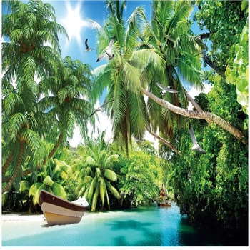 

Custom 3D Beautiful Mediterranean Sea View Beach Tree Living Room TV Background Wall 3d wallpapers