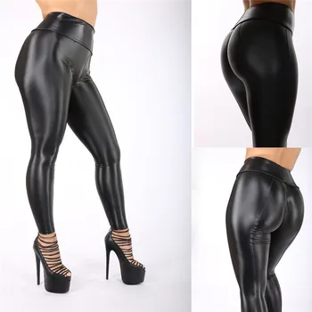 

Elastic Women PU Leather Pencil Pants Sexy Ladies High Waist Stretchy Push Up Skinny Tight Trouser Black Jegging Pants