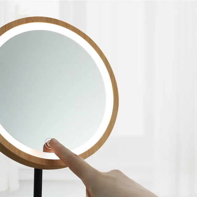 Wooden Desktop LED Makeup Mirror 3X Magnifying USB Charging Adjustable Bright Diffused Light Touch Screen Beauty Mirrors 5