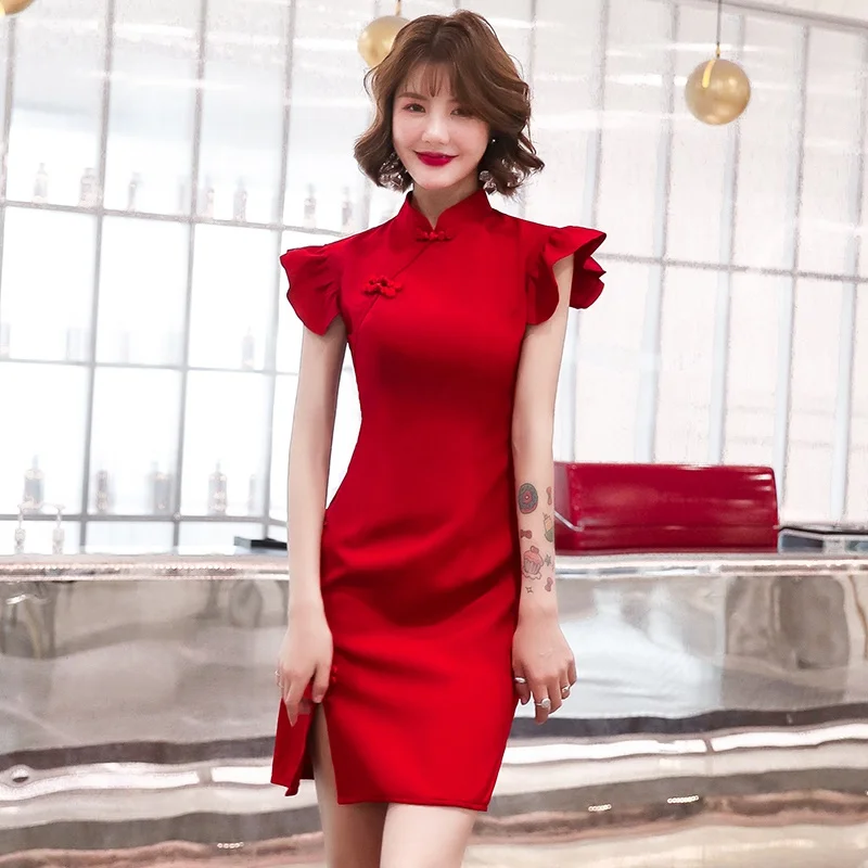 Современный китайский Чонсам Ципао женский короткий Vestido тонкое повседневное Ретро восточное платье Красный Черный Cheongsam свадебное платье TA1805