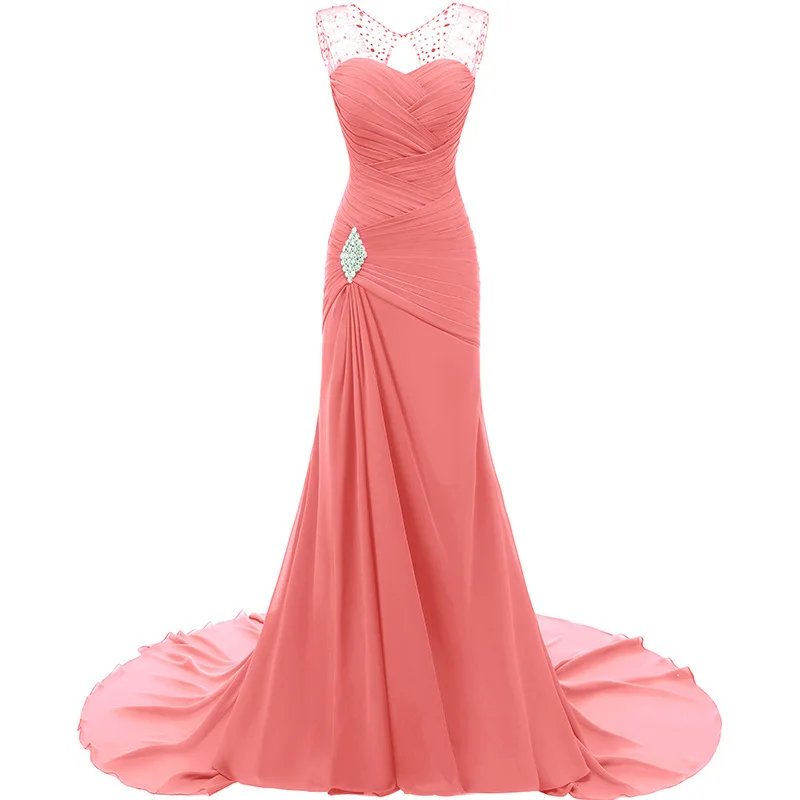 

Sheer Neck Tiffany Blue Bridesmaid Dresses Pleated Chiffon Long Wedding Party Gowns Mermaid Robe De Soiree