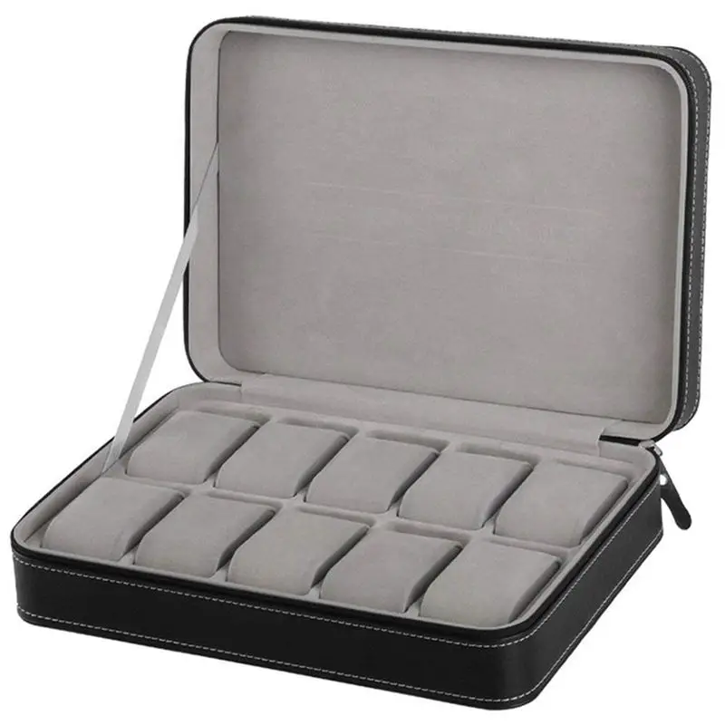 

New Portable Watch Box Organizer PU Leather Casket with Zipper Classic Style 10 Grids Multi-Functional Bracelet Display Case