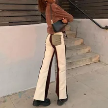 Streetwear Women jeans Brown Patchwork Panelled Pocket High Taille Flare Broek Elegant fashion denim joggers women denim jeans