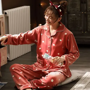 

New 2020 Winter Women Pyjamas Thicken Flannel Pajama Sets Thick Warm Dot Pijama Girl Nightgown Sleepwear Set Long Pant M-3XL