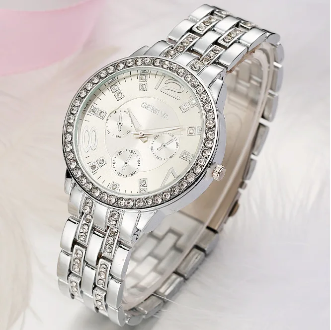 

Hot Selling Geneva Watch Men Diamond Set Three-Eyed Steel Belt Watch Ladies' Watch