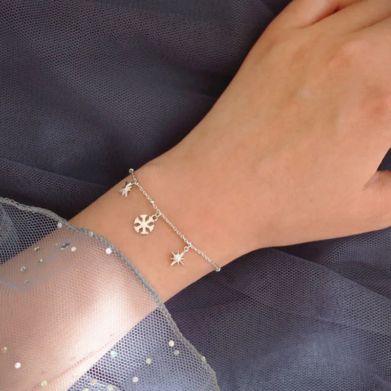 ANENJERY, романтичный 925 пробы, серебряный браслет со снежинками и звездами для женщин, рождественский подарок, бусы, цепочка, браслеты, S-B121