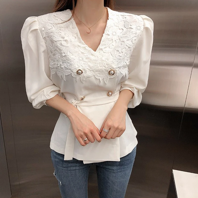 GALCAUR Корейская кружевная Лоскутная Женская рубашка с v-образным вырезом и рукавами-фонариками, туника с высокой талией, женские блузки, модная новая одежда
