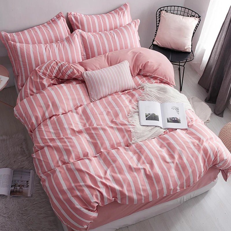 Vertical Pink Stripe Bedding Set Simple Duvet Cover Set Pillowcase Home Textiles 2/3pcs Bed Linen King Queen Size Dropship