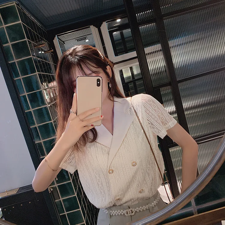 MiShow, летняя Женская Повседневная рубашка с отложным воротником, OL стиль, короткий рукав, двубортный, свободный крой, Офисная Женская рубашка MX19B4766