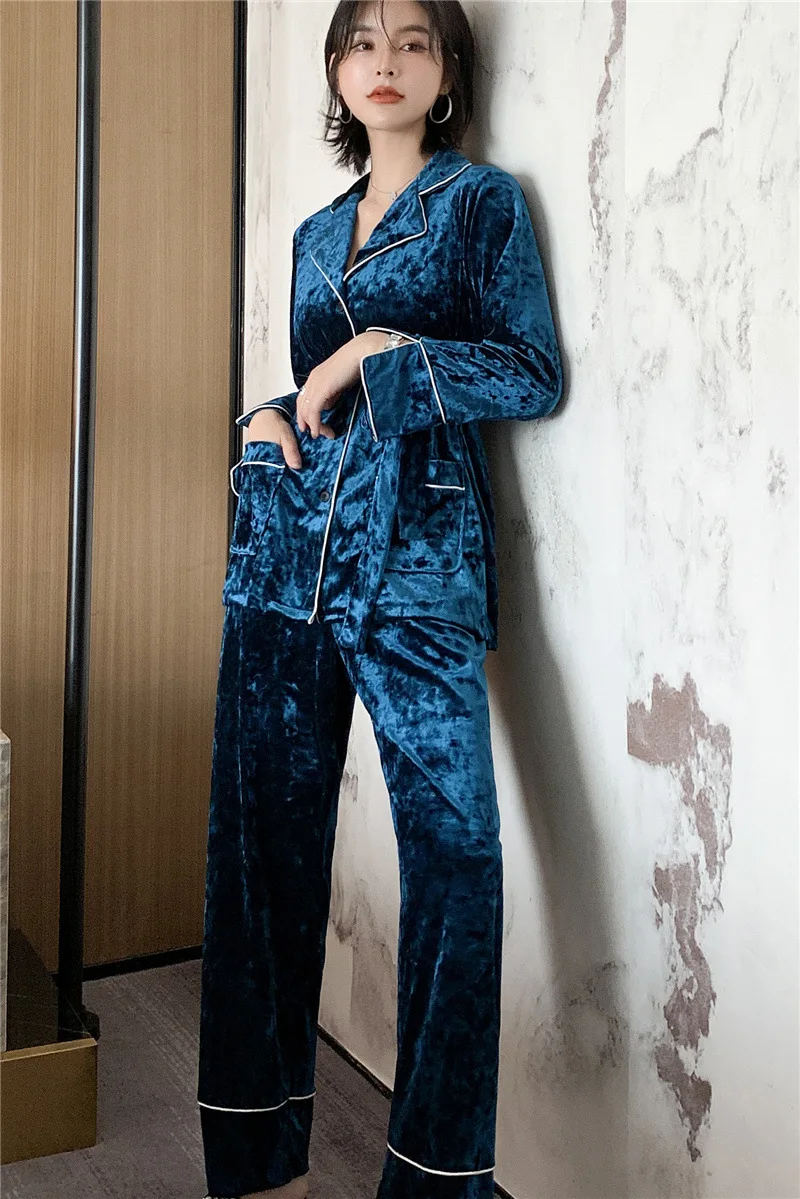 Сексуальный женский велюровый топ брюки пижамные комплекты одежда для сна женский домашний двубортный Ночная сорочка халат пижамы m-xl