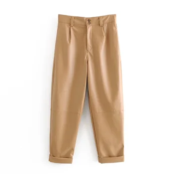 

2020 Spring Women's New Retro High Waist Loose PU Casual Pants Pocket Trimming Decorative Hem Faux Leather Pants