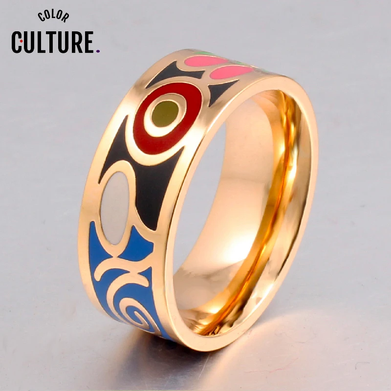 

Fine Jewelry New Arrival Stainless Steel Vintage Rings for Women Elegant Classic 0.8cm Enamel Ring Ethnic Jewelry pcjz8023