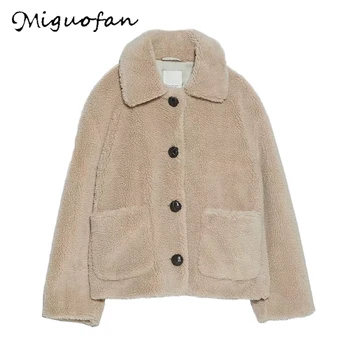 

Miguofan women faux fur coat warm fur coats pocket button jackets long sleeve Autumn winter female solid outwear vintage tops