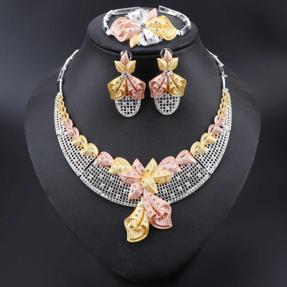 

Fashion African Jewelry Sets Brand Dubai Silver Plated Crystal Necklace Earrings Jewelry Set Nigerian Bridal Bead Jewelry Set