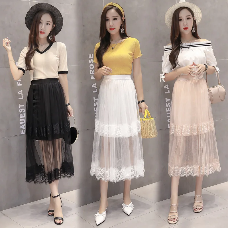 

2019 Korean-style Spring And Summer New Style Lace Skirt Mid-length Joint Gauze Lace Elastic Waist Students Princess Skirt