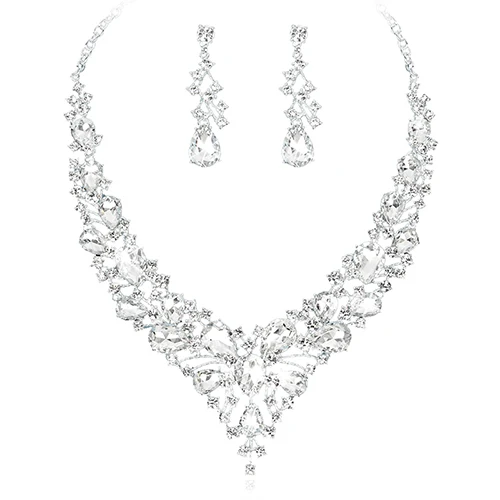 white in silver Модные серьги с австрийскими кристаллами, ожерелье, индийские свадебные ювелирные наборы, подходят для свадебного костюма, рождественские подарки для женщин - Окраска металла: white in silver