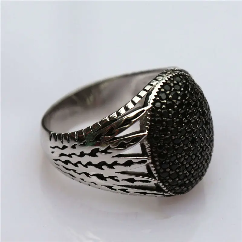 

Mid East Arabic Sterling Silver Gents Ring Pave Black Onyx Stone Oxide Silver 925 Men Chunky Ring Luxury Islam Oval Ring Bijoux