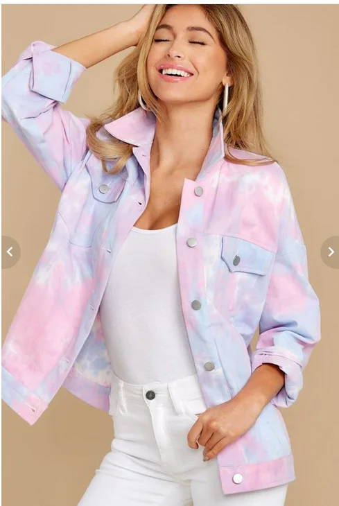 Ladies Autumn Tie-dye Jacket Casual Loose Long Sleeve Lapel Metal Button Jacket Cardigan