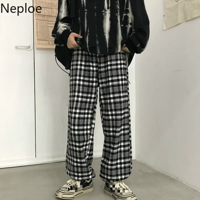 Neploe/корейский стиль Ins; сезон осень-весна; клетчатые спортивные брюки в стиле ретро; повседневные свободные дизайнерские брюки на шнуровке; узкие брюки унисекс для влюбленных; 47480