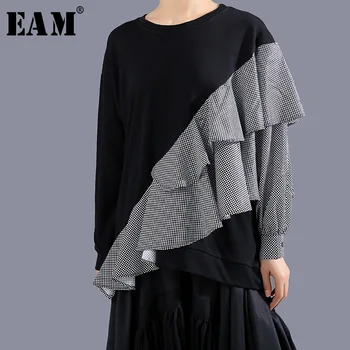 

[EAM] Loose Fit Black Plaid Ruffles Split Sweatshirt New Round Neck Long Sleeve Women Big Size Fashion Tide Spring 2020 1R066