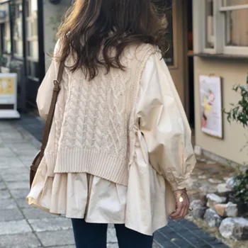 Image of Autumn Vest Stitching Shirt Fake Two-piece Temperament Korean Women  New Loose Casual Pullover Lady Round Neck Fashion Tops