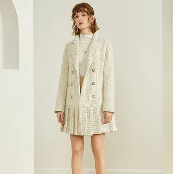 

Runway Women's Grace Double Breasted Metal Button Long Sleeve Notched Collar Jacket Coat Wool Blends Pleated fold Tweed Coat