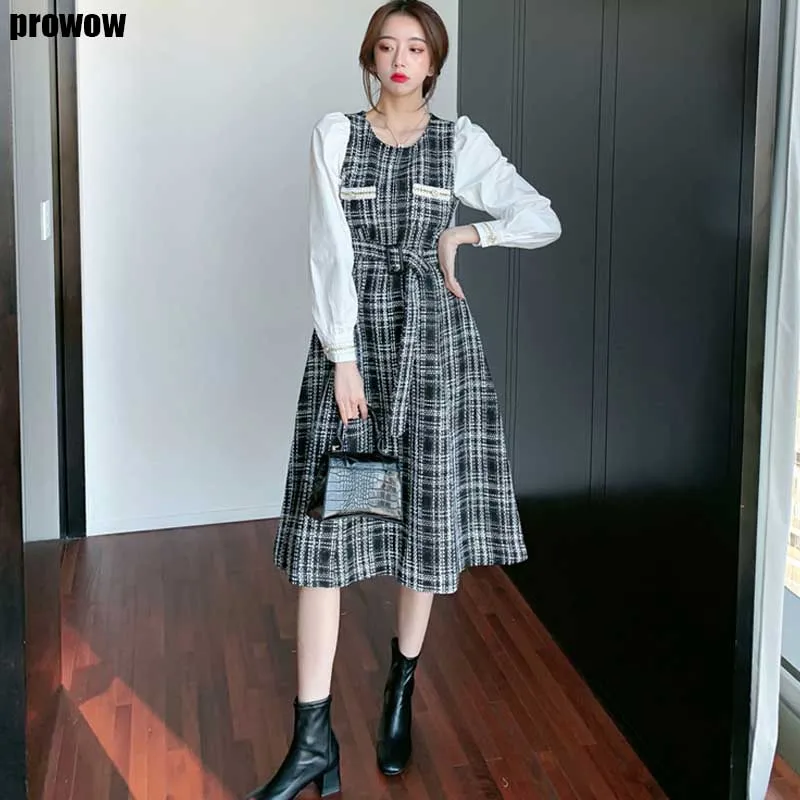 

One-Piece Woman Plaid Splicing Dress Korean Elegant Slim Belt Dresses 2020 Autumn Winter New Women'S Fake Two Dress Midi Dress
