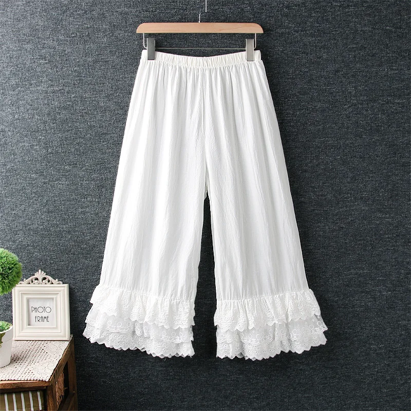 ladies cropped trousers 2021 New Spring Autumn Women Pants Japan Style Mori Girl Lace Wide Leg Pants Cotton Loose Casual Women white capris Pants & Capris