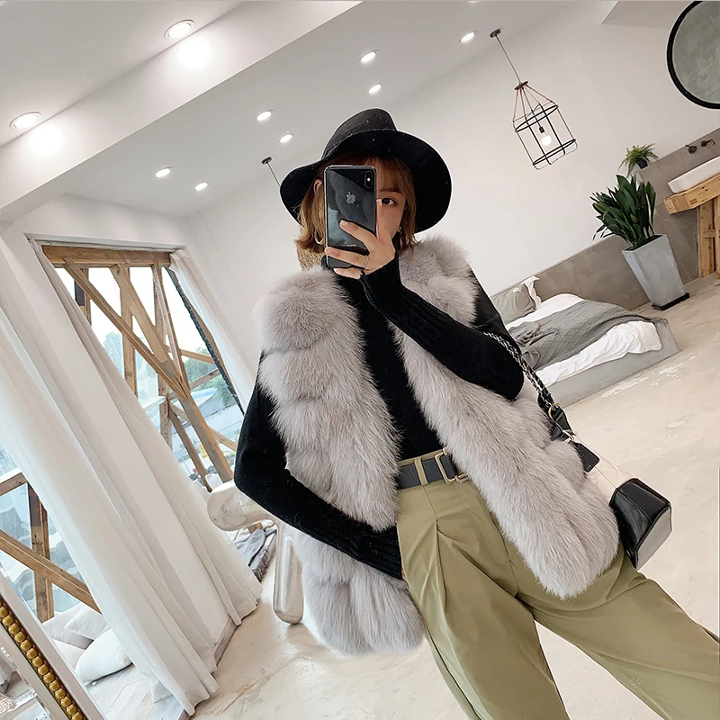 light grey Женская одежда, зимняя натуральная женская новая полностью кожаная жилетка из лисьего меха, длинная стильная шуба 1013 - Цвет: light grey