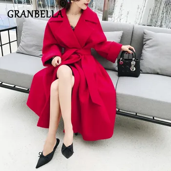 

Winter tweed long overcoat New Double-sided women woolen coat turn-down collar belt solid color city lady elegant plus size