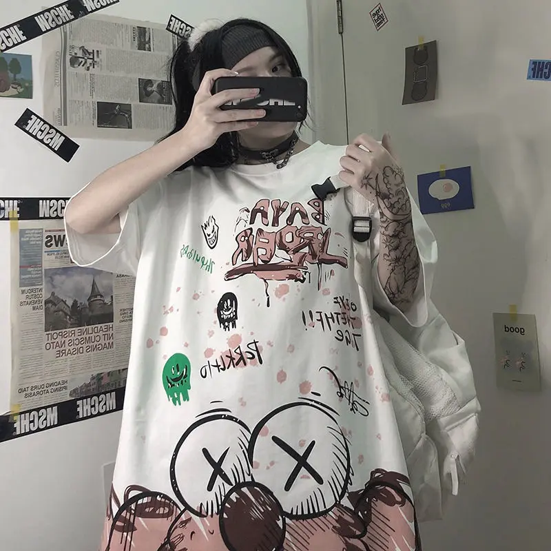 Cute Cartoon Tshirt Streetwear Tops Women Funny Oversized Short Sleeve Couple T Shirt Summer Ladies Amine shirt Girl | Женская одежда