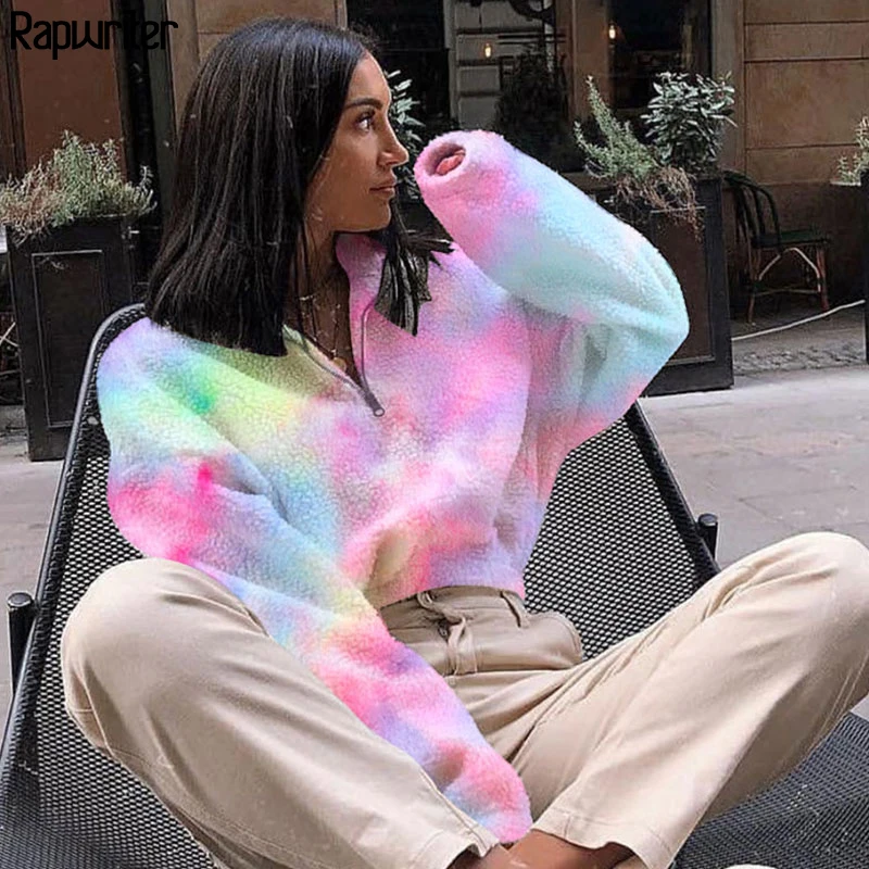 

Rapwriter Fashion Colorful Warm Turtleneck Long Sleeve Short Fur Sweatshirt Women 2019 Fall Winter Harajuku Crop Pullovers Top