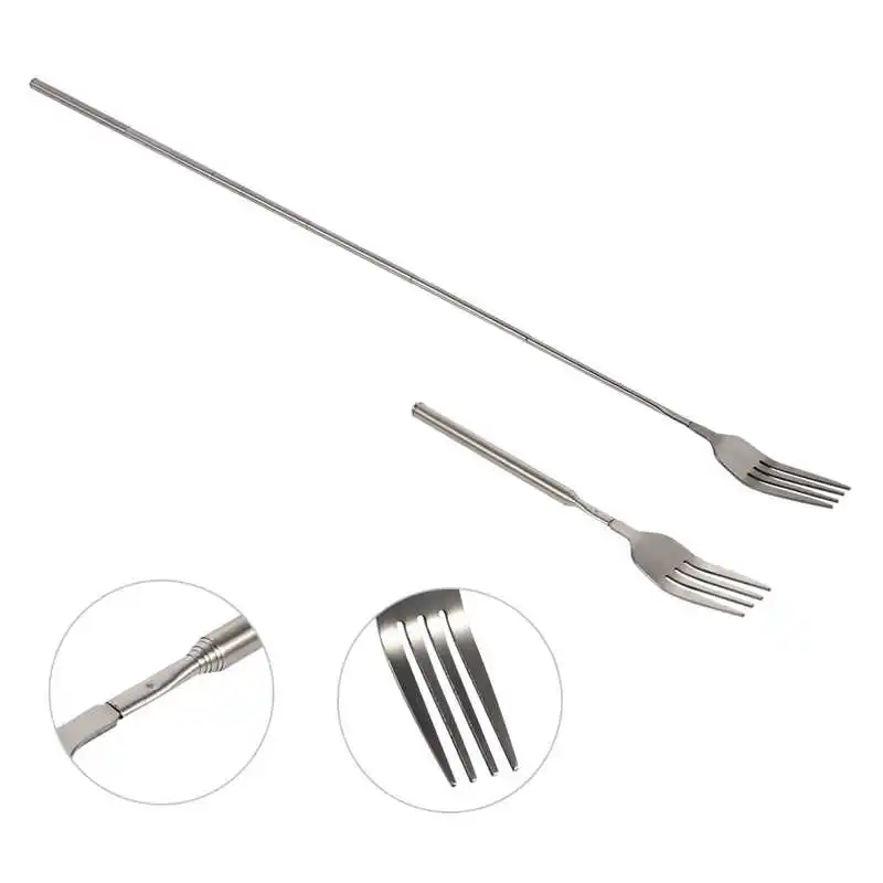 Retro Fork BBQ Telescopic Extendable Dinner Fruit Dessert Long Handle Fork Stainless Steel Cutlery Tableware