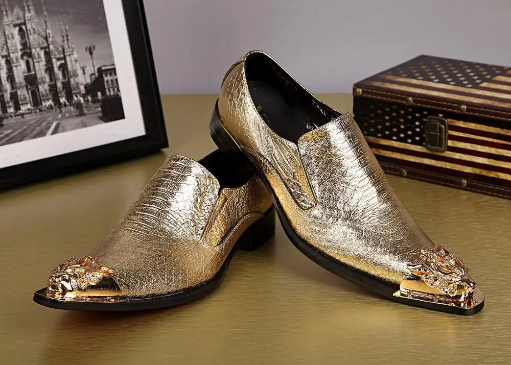 Christia Bella модные металлорежущий Мужские модельные туфли с острыми носками из натуральной кожи, мужской Бизнес офисная обувь для деловой женщины Формальные Золотой мужской обуви
