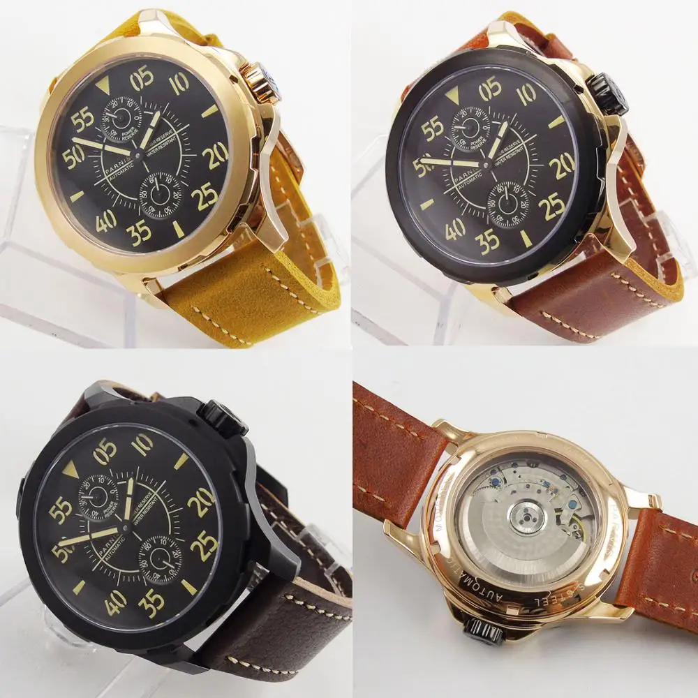 

PARNIS 44mm Men's Watch Sapphire Crystal Power Reserve Indicator Gold Coated/PVD Plated Watch Case ST2542 Movement