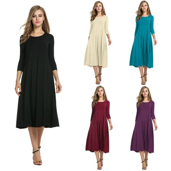 

Women Swing Dress Autumn Fashion Pleated Crew Neck Loose Casual 3/4 Sleeve A-line and Flare Midi Long Sleeve Dresses