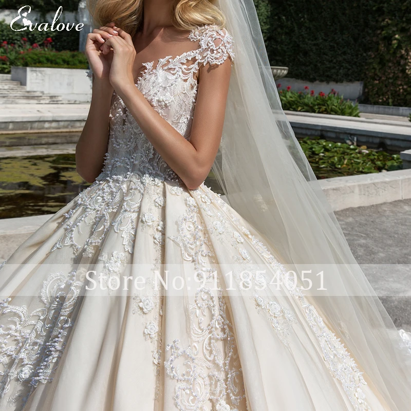 EVALOVE Gorgeous Appliques Beading Chapel Train Ball Gown Wedding Dress Elegant Scoop Neck Cap Sleeve Custom Vintage Bridal Gown bridal shower dress