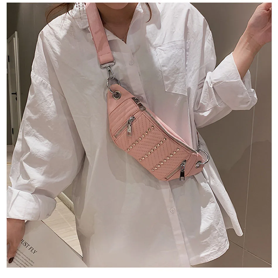 Waist Bag Women Leather Pink White Fanny Pack Female Belt Bag Rivet Chest Phone Pouch Fashion Shoulder Bag Black Waist Packs