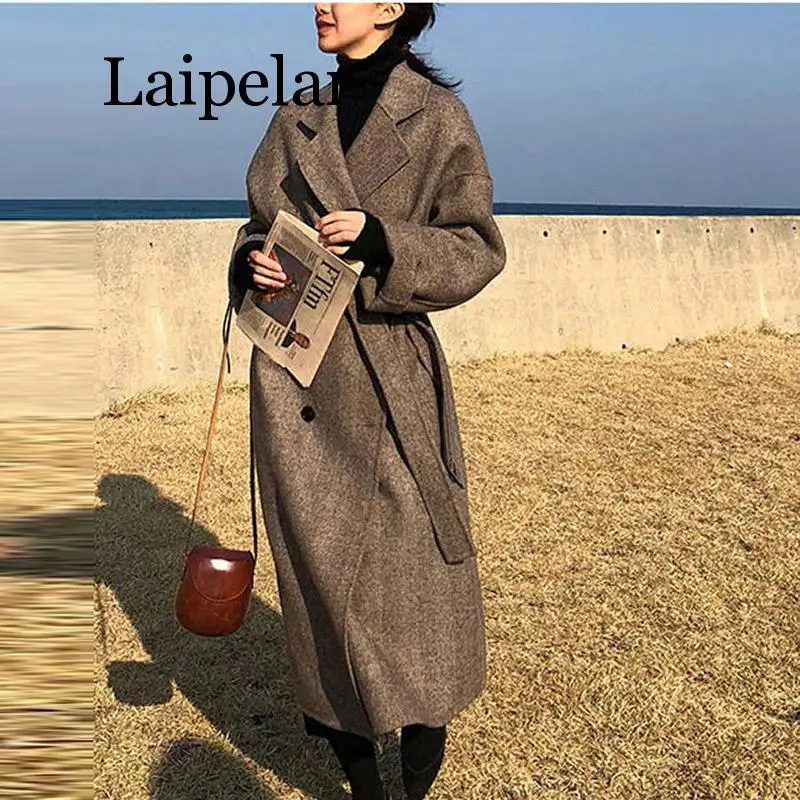 Striped Fashion Wool Coat Jacket Women Lace Up Long Blend Elegant Ladies Coats  Turn Down Collar Outwear