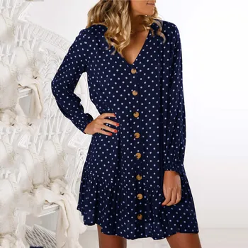 

Summer Dress Womens Dot Beach Mini Dress Boho Sweet Leisure V Neck Button Down Ruffle Long Sleeve Dress Vestidos Plus Size#G1