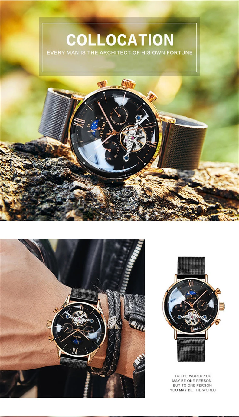 AILANG Uomo Automatico Meccanico Tourbillon di Lusso da Polso Uomo Cintura in Maglia di Acciaio Inossidabile es es_voghion.com