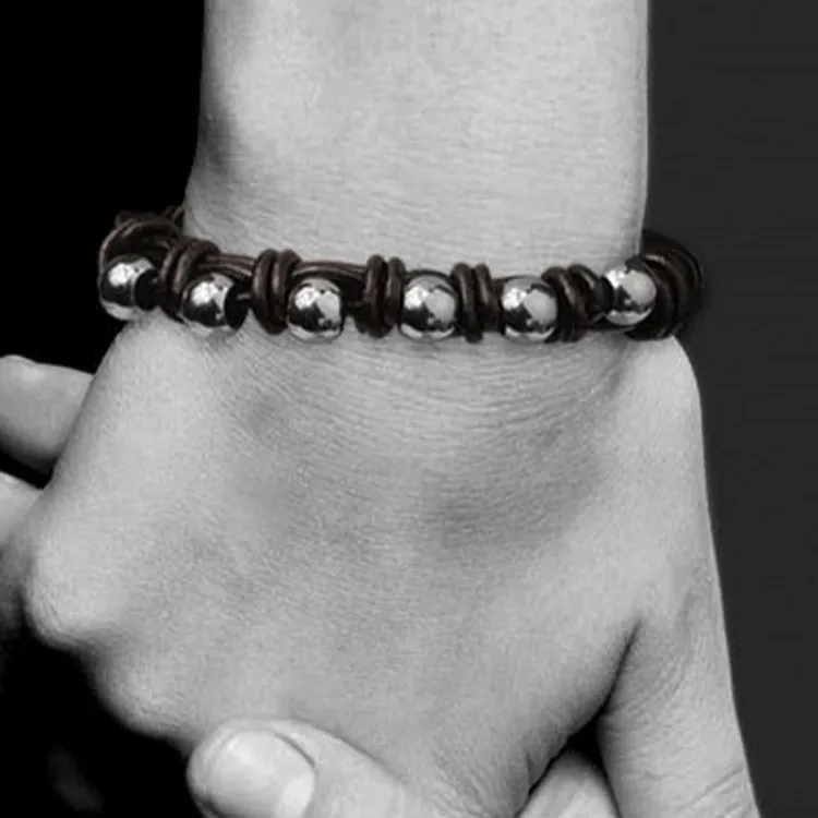 

2019 Cool Punk Men Jewelry Brown Braided Genuine Leather Bracelet Stainless Steel Ball Clasp Fashion Bangles
