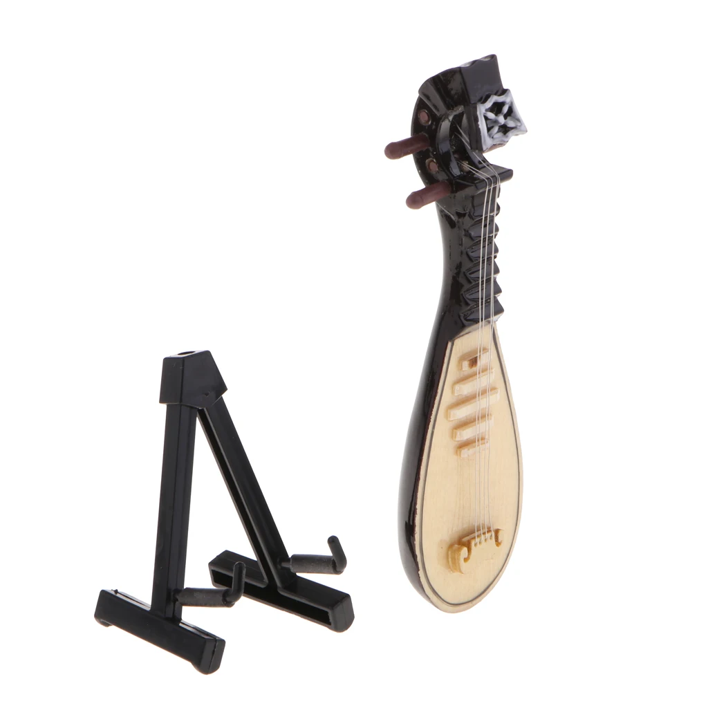 10cm Handmade Mini Wooden Chinese Lute Pipa with Stand Toys Dollhouse Accessory