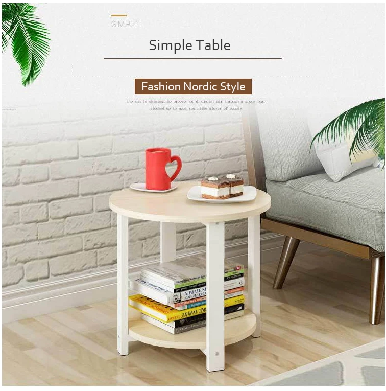 Wooden Coffee Table Marble Texture Simple Smart 2 Layers Round Sofa Side Tea Table for Living Room Bedroom Furniture