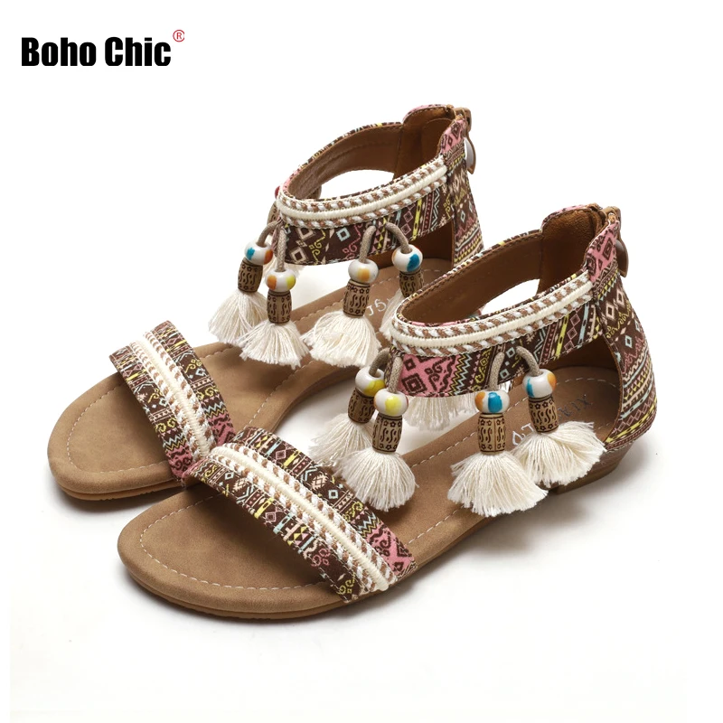 Sandalias bohemias para mujer, chanclas elegantes con dijes de borla y cremallera, zapatos de playa étnicos para verano, estilo Hippie